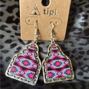 New..Tipi Cow Tag Earrings with Pink and Purple Aztec Pattern